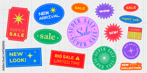 Cool Trendy Sale Stickers Pack. Shopping Promo Badges Vector Illustration. New Arrival, Super Sale and Wow Patches.