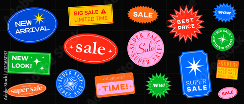 Set of Shopping Stickers Retro Design. Cool Sale label badges. Trendy Free Shipping, New Look, Big Sale, Best Price Banners Pack. Vector Illustration.