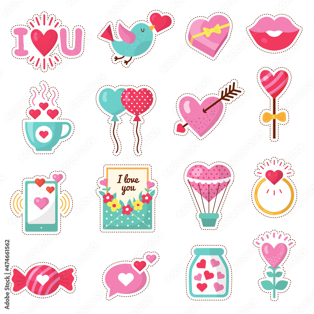 Love stickers. Romantic emblems valentine day symbols heart rose envelope flowers drinks wedding icons recent vector stylized collection
