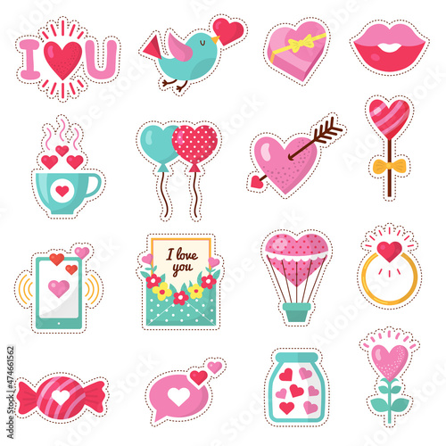 Love stickers. Romantic emblems valentine day symbols heart rose envelope flowers drinks wedding icons recent vector stylized collection