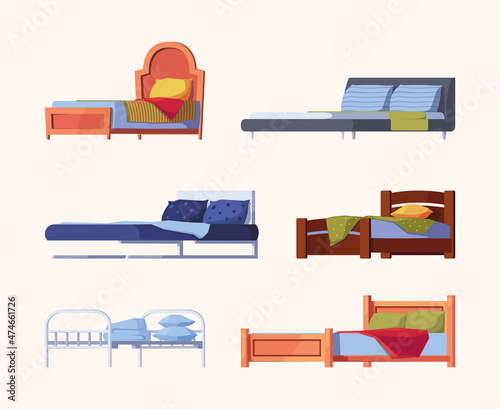 Wooden bed. Interior furniture bedding colorful mattress for relaxing garish vector flat illustrations