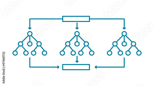 Random forest line icon. Decision trees symbol. Machine learning technique that's used to solve regression and classification problems. Complex problems solution. Vector illustration, flat, clip art. 