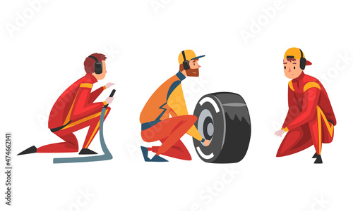 Pit Stop Crew Member Changing Tire Wheel Engaged in Maintenance of Racing Car Vector Set
