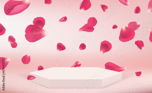 Flying petals and podium. Ad pedestal template, realistic goods presentation vector blank banner