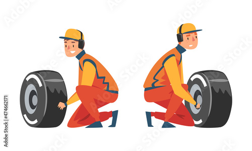 Pit Stop Crew Member Changing Tire Wheel Engaged in Maintenance of Racing Car Vector Set