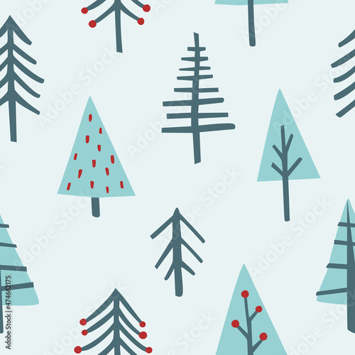 Abstract scandinavian christmas tree pattern. Scribble fir vector seamless print for textile, fabric, apparel, wrapping paper.