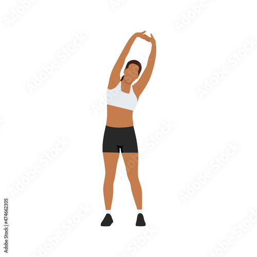 Woman doing Standing side bend stretch exercise. Flat vector illustration isolated on white background