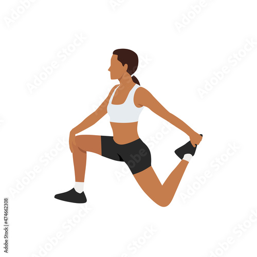 Woman doing Kneeling quad stretch exercise. Flat vector illustration isolated on white background