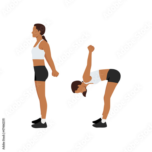 Woman doing Chest opener with forward bend stretch exercise. Flat vector illustration isolated on white background