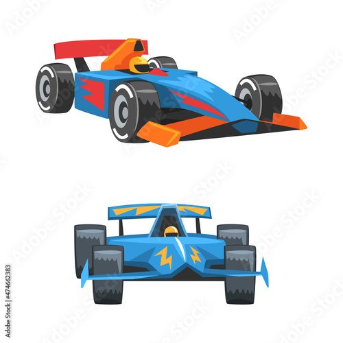 Racing Motor Car with Driver Engaged in Speed Competition Vector Set