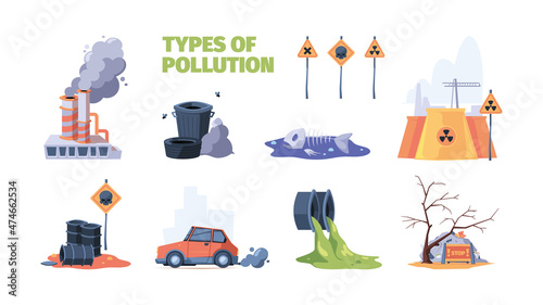 Urban pollution. Toxic city industrial garbage liquid puddle waste garish vector cartoon concept pictures set