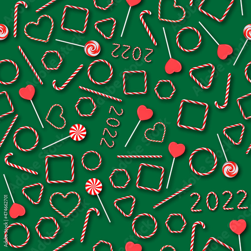 Seamless texture of red and white lollipops and numbers 2022. 3D rendering and 3D illustration.