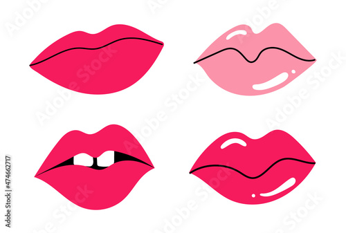Set of four female lips with lipstick and glitter, red and pink. Isolated on white background, doodle style. Closed and open mouth. Valentine's Day, anniversary of dating. 
