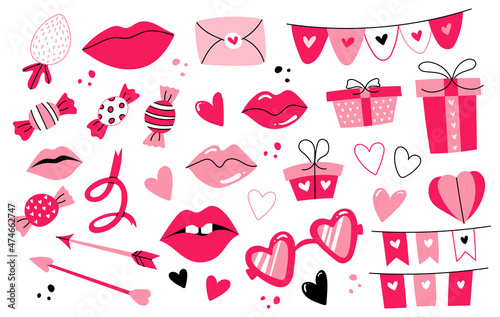 Set of love elements for Valentine's Day isolated on white. Hearts, arrows, pink glasses, love letter, lips, candy. Anniversary of dating, romance. 