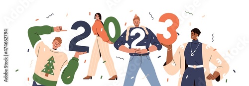 2023 New Year numbers in hands of happy people. Holiday banner with corporate...