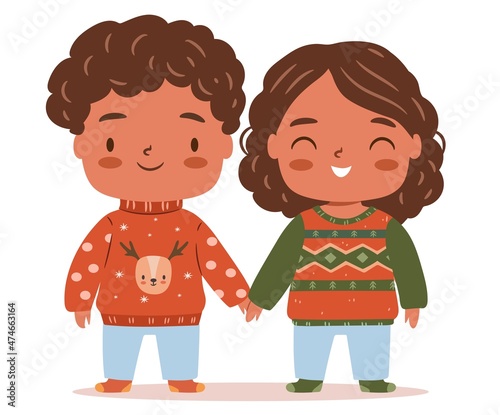 Boy and girl in winter clothes. African Children in sweaters, jumpers, turtleneck, smiling and holding hands. Characters isolated