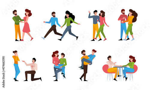 Valentine day couple. Lovers meeting happy persons boys and girls walking together dating day persons garish vector flat illustrations set