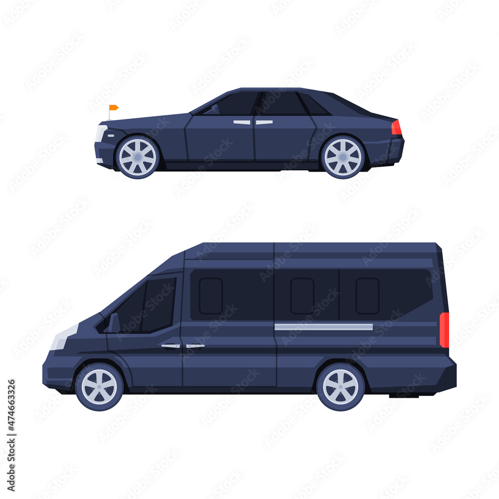 Presidential Motorcade and Government Motor Vehicle Side View Vector Set