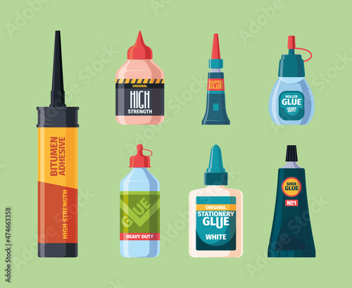 Glue. Packages bottles tubes and plastic containers for liquid glue office supplies garish vector illustrations set isolated