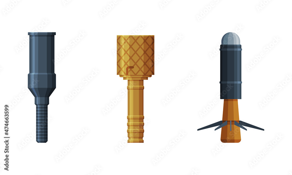 Grenade or Shell as Explosive Weapon Thrown by Hand Vector Set Stock