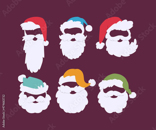 Santa Claus mask with beard and colorful hat. Christmas masquerade vector cartoon element set isolated on background.