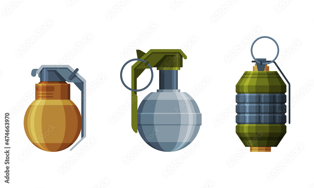 Fototapeta premium Grenade or Shell as Explosive Weapon Thrown by Hand Vector Set