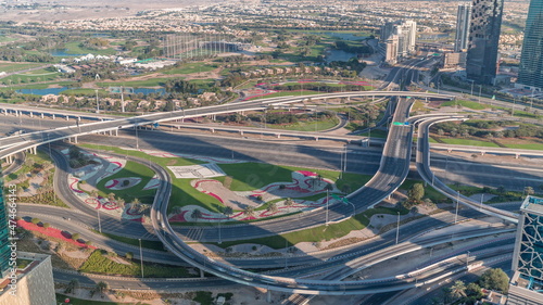 Photography Huge highway crossroad junction between JLT district and Dubai Marina intersected by Sheikh Zayed Road aerial timelapse