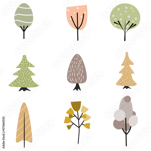 Set abstract colored tree in the Scandinavian style. Cartoon vector illustration