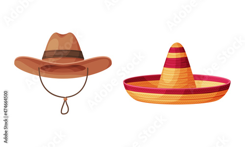 Straw Hat as Brimmed Woven Headdress with Sombrero and Cowboy Hat Vector Set