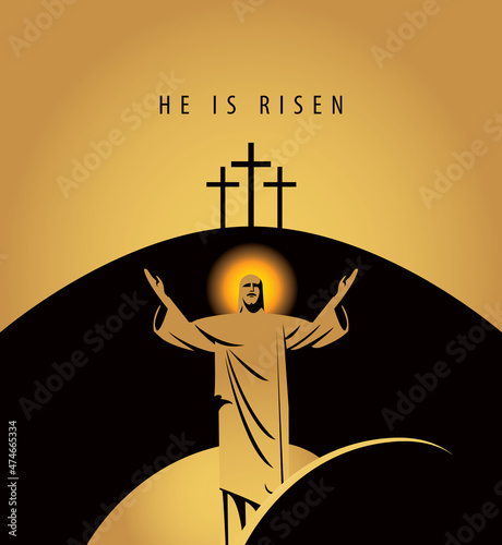 Canvastavla Easter banner with the resurrected Jesus Christ with a halo and outstretched arms on the background of a hill with three crosses