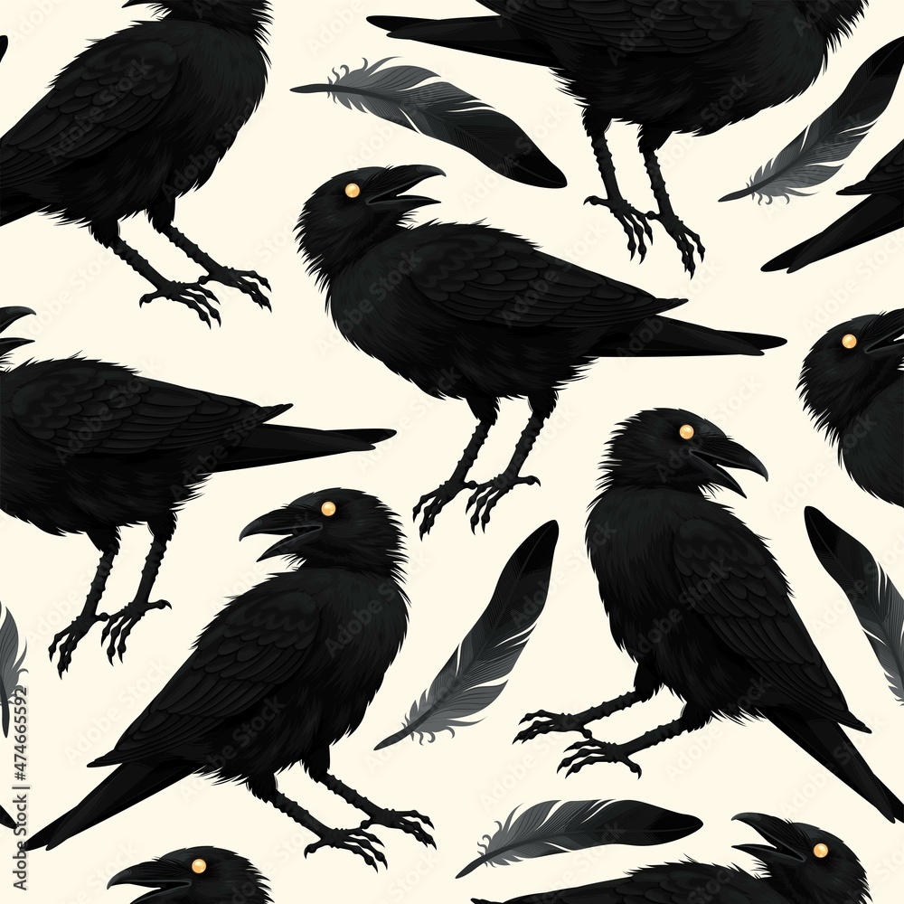 Vector seamless pattern with raven and feathers