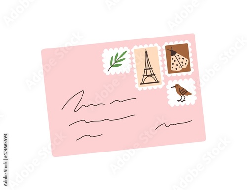 Closed envelope with post stamps and handwritten letter. Paper mail. Abstract...