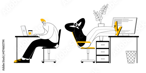 Two men are sitting at desks in an office among flowers and working at computers. Vector illustration in the style of outline on the topic of computer work and workspace.
