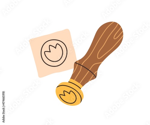 Vintage wooden seal with metal pad. Retro wax stamp with wood handle. Old postal tool, stamper for envelopes and documents. Flat vector illustration isolated on white background
