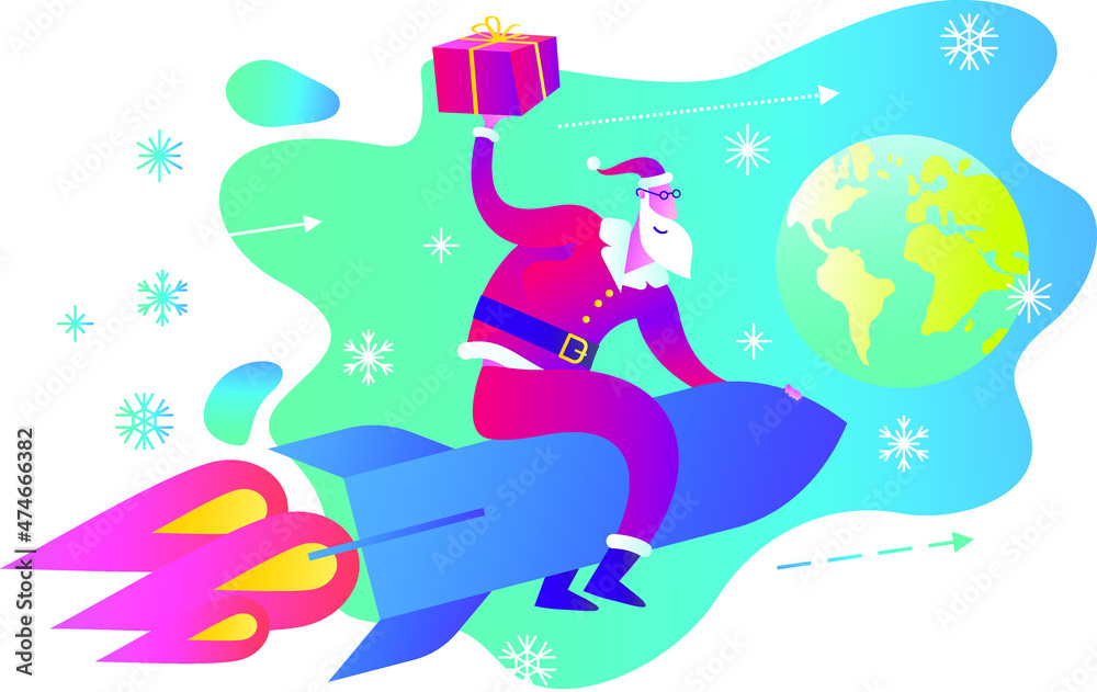Santa Claus is flying on a rocket. Santa's Congratulations. Delivery of gifts.Express delivery of parcels, food, online shopping. Christmas story, Christmas poster. Holiday surprise. Santa Claus is flying on a rocket. Santa's Congratulations. Delivery of gifts.Express delivery of parcels, food, online shopping. Christmas story, Christmas poster. Holiday surprise.