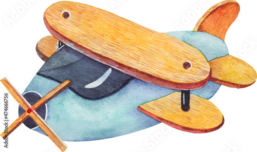 blue toy plane, cute  illustration