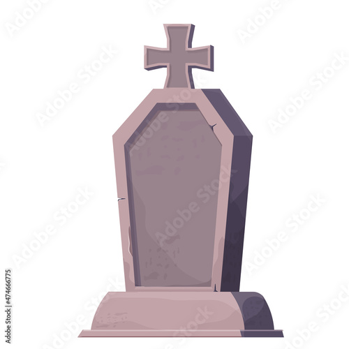 Stone grave, memorial in cartoon style isolated on white background. Funeral, cemetery object. Afterlife monument.
