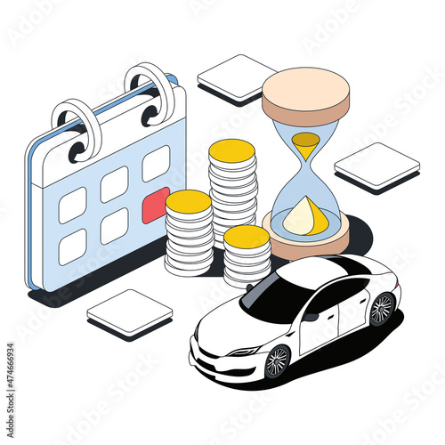 Car rental, coins and hourglass, calendar. Vector 3d sketch line isometric style, color icon illustration. Creative design idea and infographics elements.