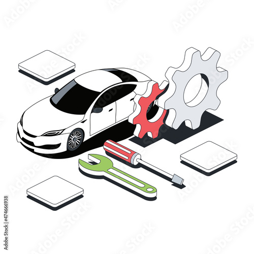 Car repair service, gears, tools screwdriver and wrench. Vector 3d sketch line isometric style, color icon illustration. Creative design idea and infographics elements.