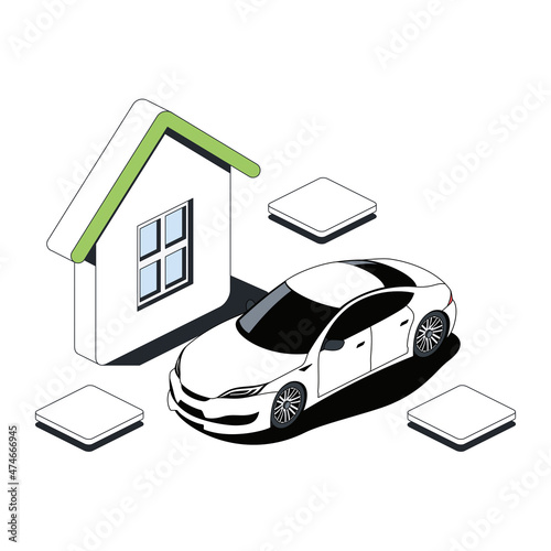 House and car. Vector 3d sketch line isometric style, color icon illustration. Creative design idea and infographics elements.