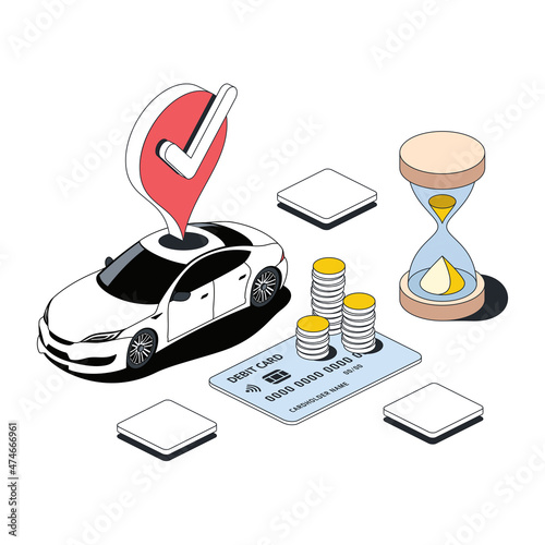 Car, card label geolocation checkmark, hourglass, card payment coins. Vector 3d sketch line isometric style, color icon illustration. Creative design idea and infographics elements.
