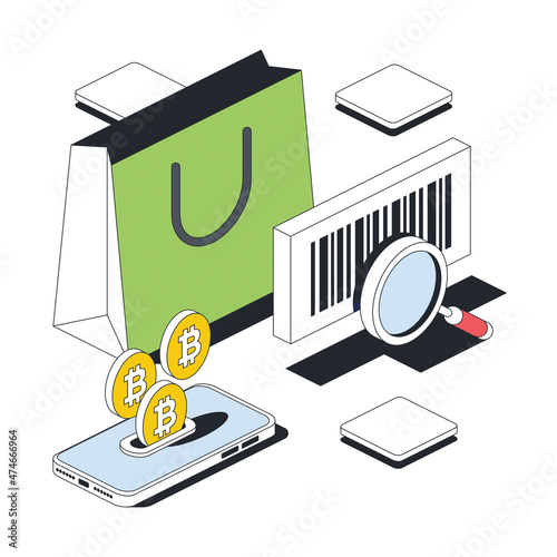 Shopping bag, barcode magnifier, bitcoin screen smartphone. Vector 3d sketch line isometric style, color icon illustration. Creative design idea and infographics elements.