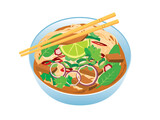 Pho soup with beef and vegetables icon vector. Bowl of soup with noodles and meat icon vector. Vietnamese soup icon vector isolated on a white background. Delicious asian food design element