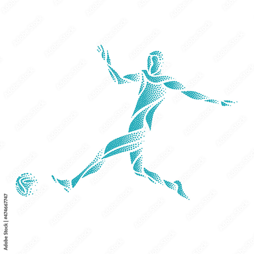 Soccer or football player kicks the ball, sportsman silhouette