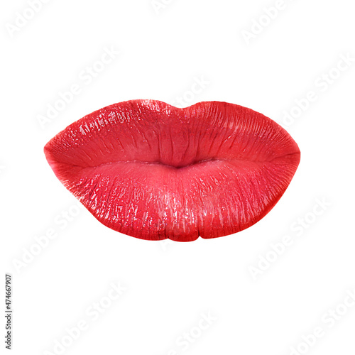 Fotografie Cut out woman lips in kiss shape and with red lipstick isolated on white background