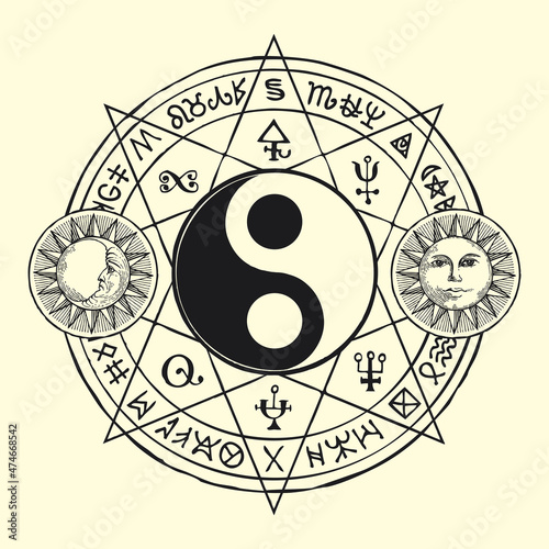 Vector black and white yin yang symbol with magic symbols, sun and moon on a light background in retro style. Mystical and esoteric sign of unity and opposites, balance, harmony, Feng Shui, zen, yoga