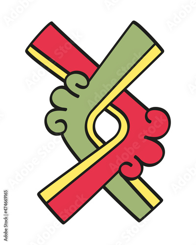 Ollin, an Aztec symbol for movement. Two interlaced lines, which are each portrayed with two central ends. Symbol of the four (Nahui) principles generation, congregation, displacement and integration.