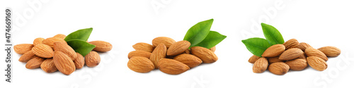 Set with tasty almond nuts on white background. Banner design