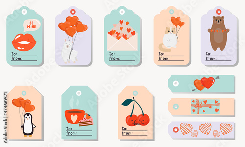 Set of bright Valentine's day tags with cute characters. Printable greeting cards illustration. Bright design for Valentine's day in pastel colors.