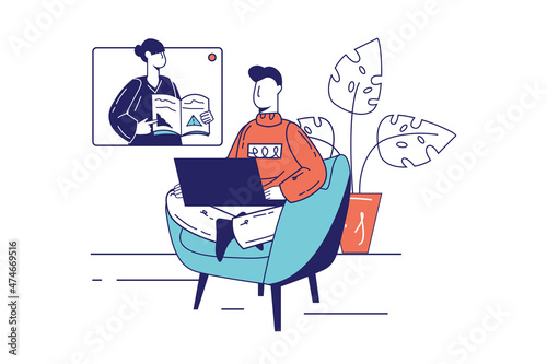Distance learning concept in flat line design for web banner. Student watching video lecture or webinar at laptop, online education, modern people scene. Vector illustration in outline graphic style
